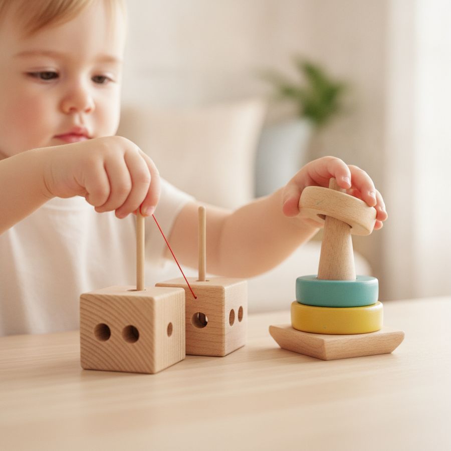 Pienen lapsen kädet pujottavat ja pinoavat puisia leluja valoisalla pöydällä.