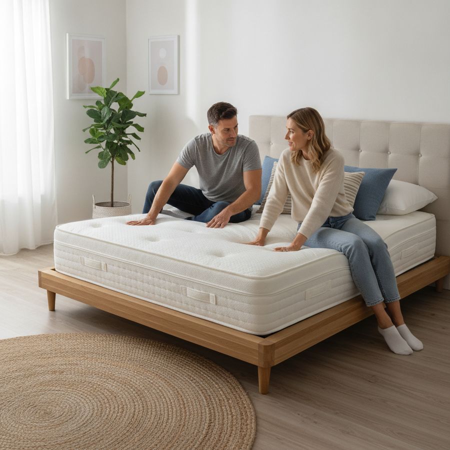 Couple in a bright modern bedroom checking a neatly made bed with a supportive mattress.