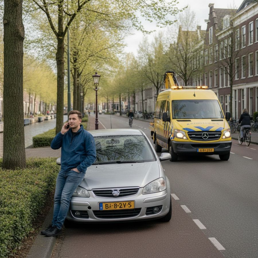 Bestuurder belt om hulp naast licht beschadigde auto terwijl pechhulp nadert in een rustige straat.