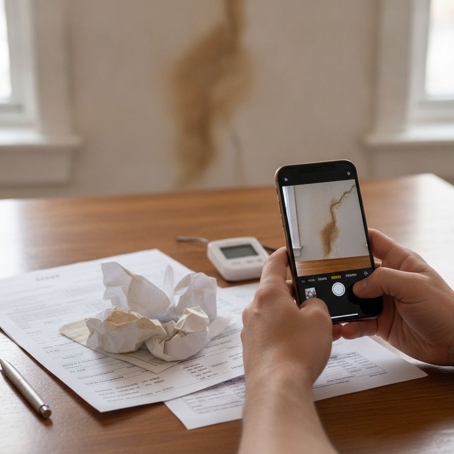 Smartphone, bonnetjes en papieren liggen op tafel met een beschadigde muur onscherp op de achtergrond.