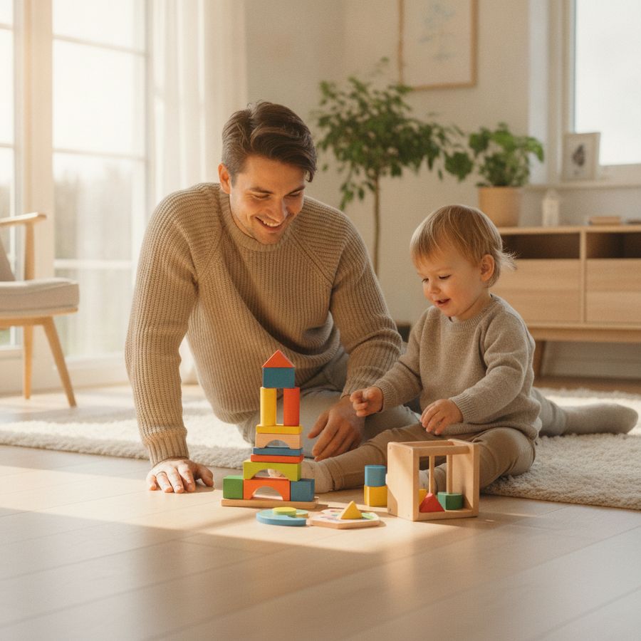 Et barn og en forelder leker med klosser og puslespill på et lyst stuegulv.