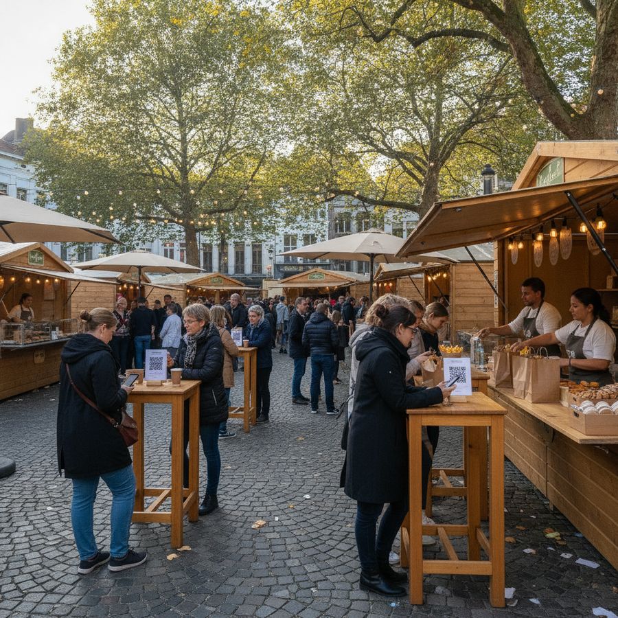 Druk buitenevent met afhaalbalie, gasten met smartphones en personeel dat bestellingen uitgeeft.