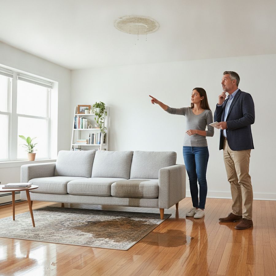 Tenant and landlord inspect a bright flat with water damage, a damp ceiling, and a wet sofa and rug.