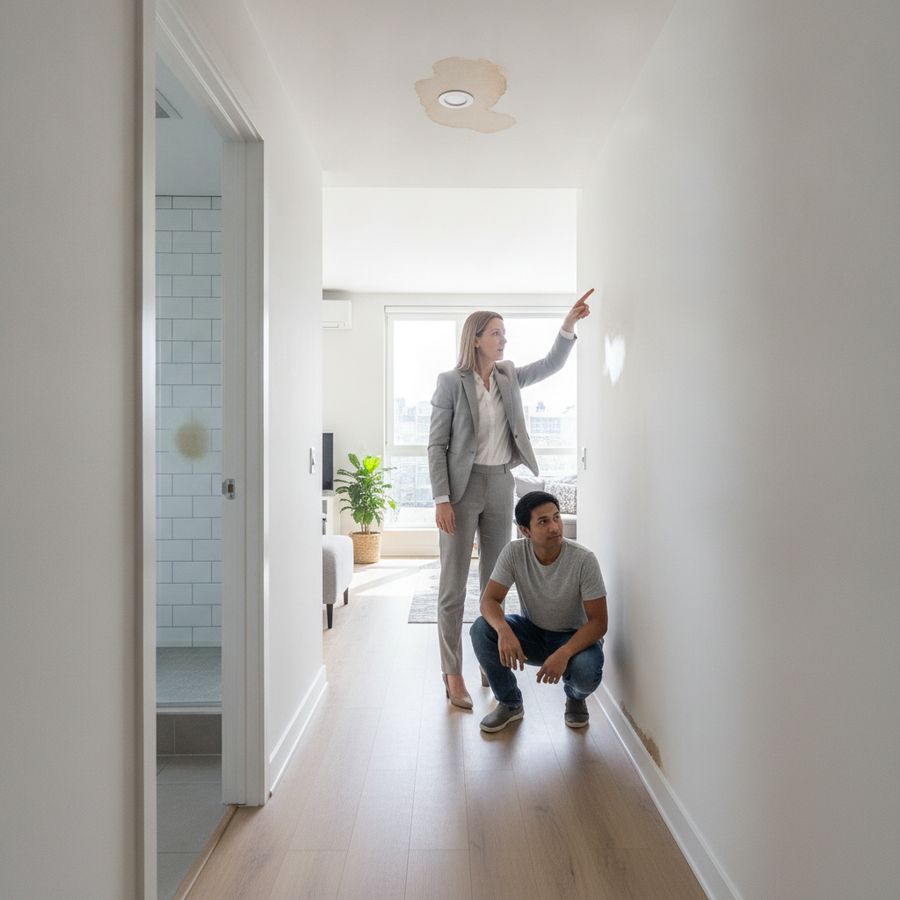 Bewoner en beheerder bekijken lichte waterschade in een modern appartement bij badkamer en gang.