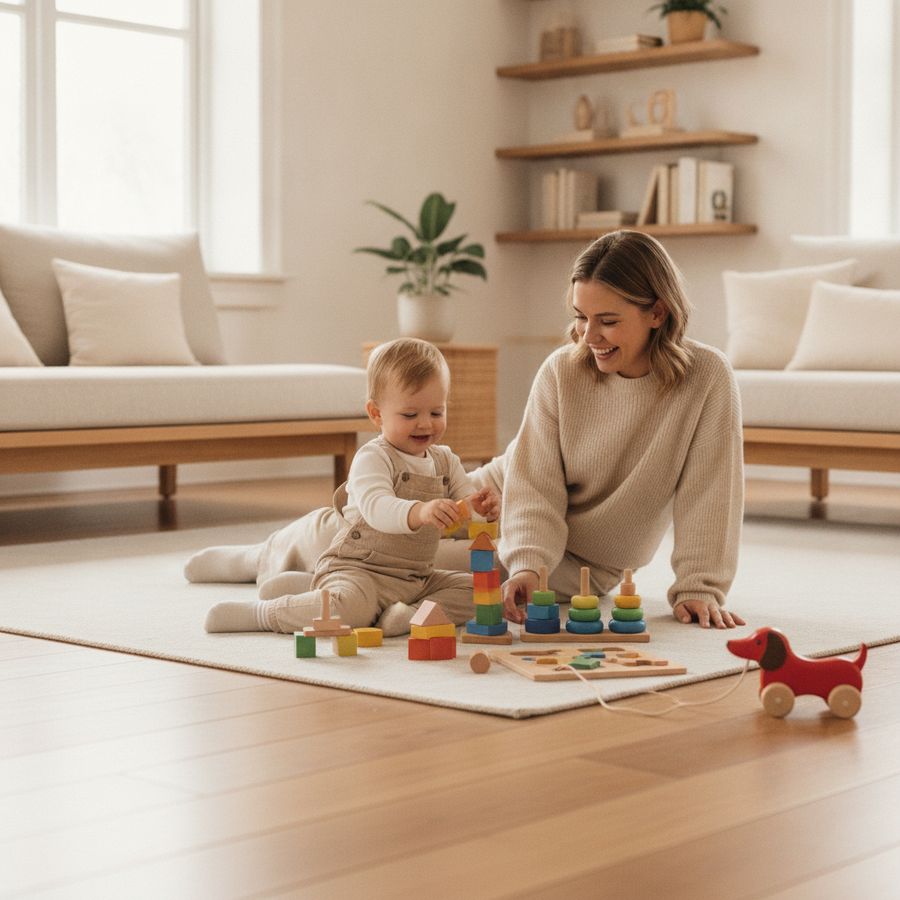 Bambino piccolo e genitore giocano sul tappeto con blocchi, puzzle e trenino in legno in salotto luminoso.