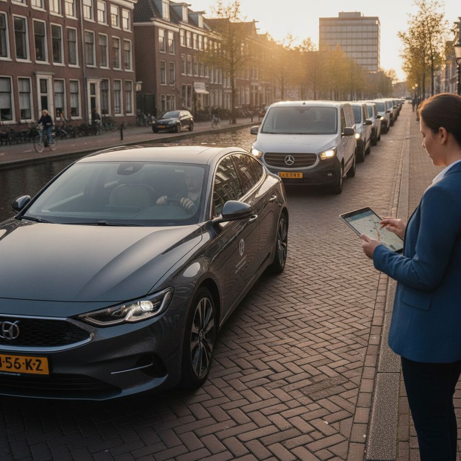 Zakelijke auto rijdt op heldere stadsweg terwijl medewerker bij geparkeerde voertuigen een tablet gebruikt.