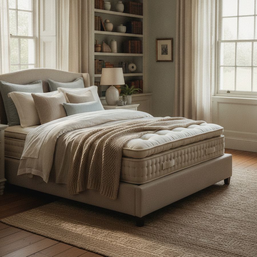 Bright elegant bedroom with a premium mattress, layered bedding, and soft morning light.