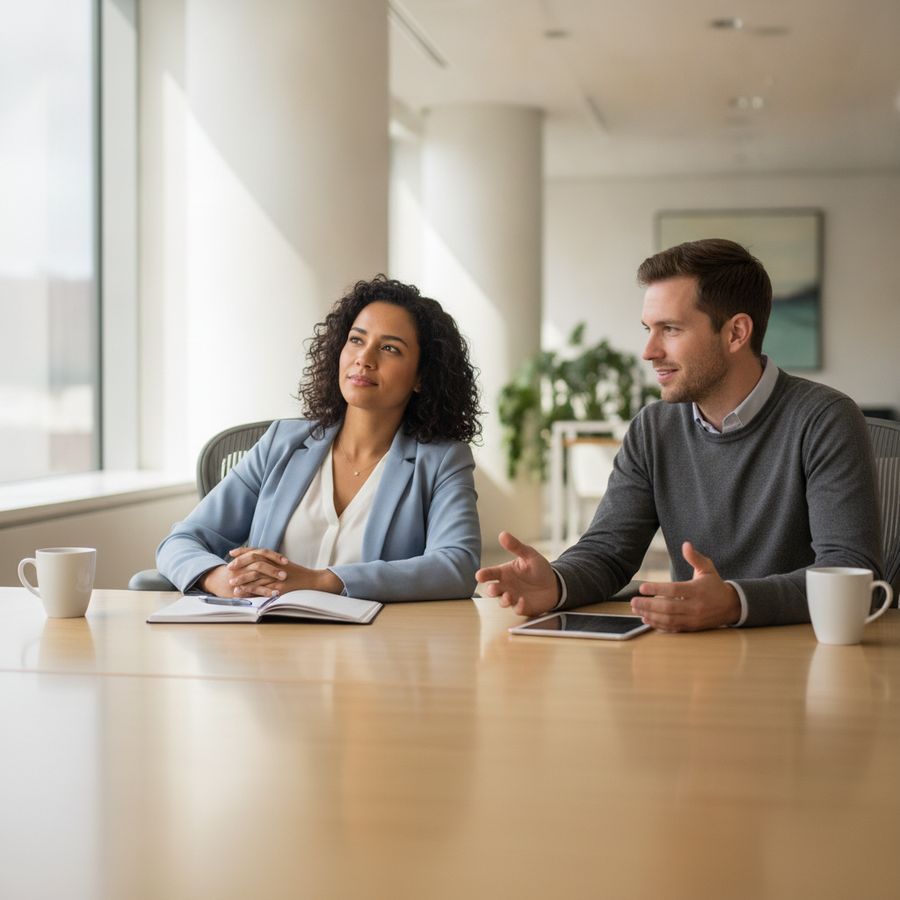 Twee collega's voeren een rustig gesprek in een lichte werkruimte met open houding en aandachtige gezichten.