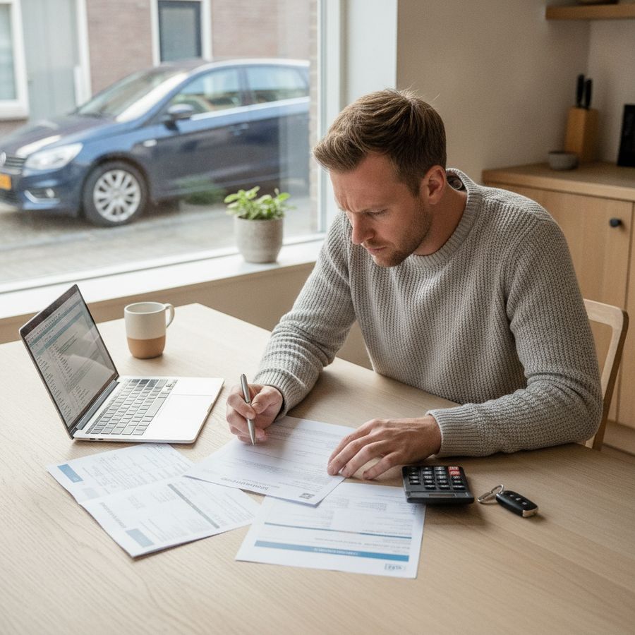 Driver at a table with keys, calculator and papers while a car is visible outside.