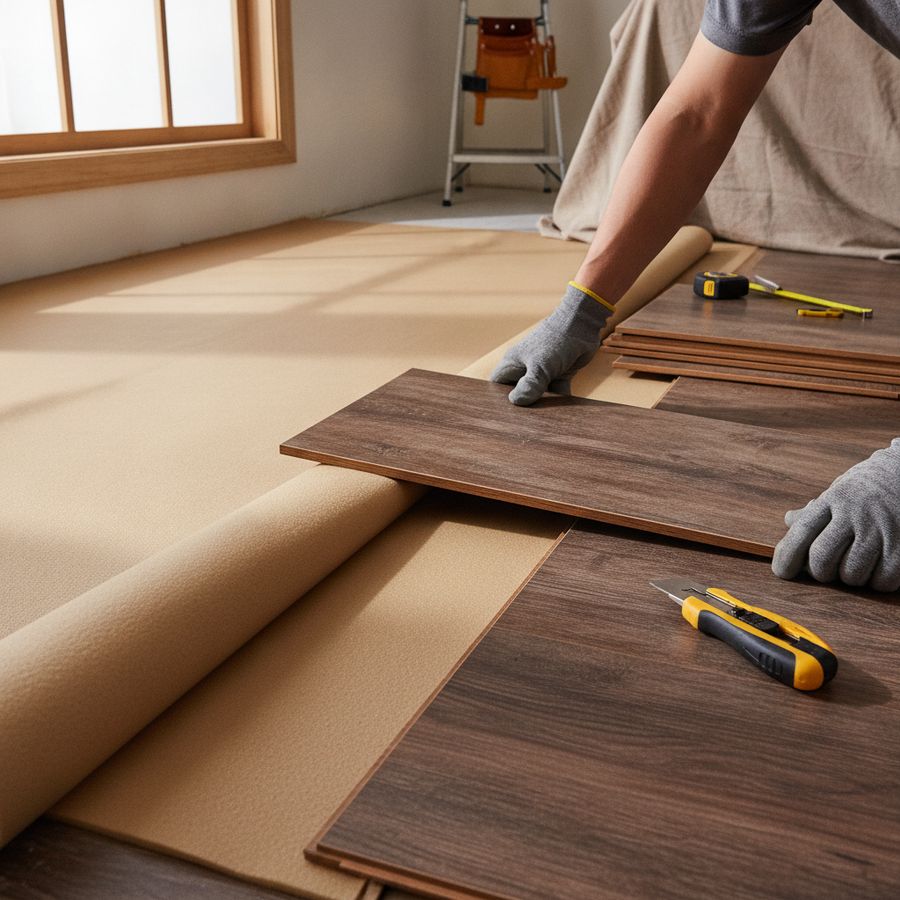 Uitgerolde ondervloer met laminaatplanken tijdens installatie in een lichte kamer met daglicht.