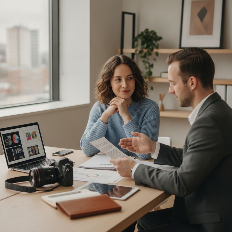 Freelancer and adviser review documents at a bright desk with laptop and work tools.