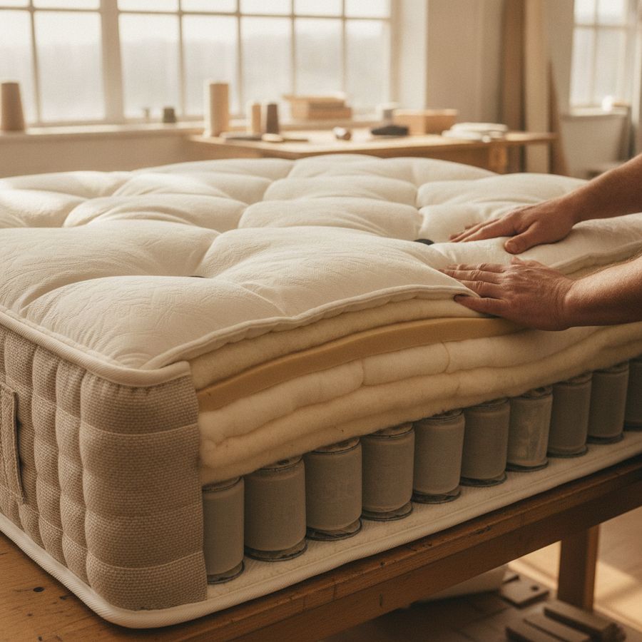 Close view of a layered mattress with springs and natural fillings as artisan hands adjust the surface.