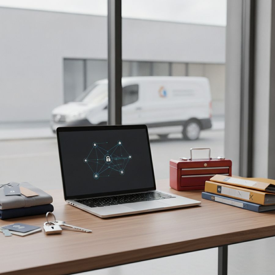 Geordende werkplek met laptop, gereedschap, sleutels en bestelbus zichtbaar in daglicht.