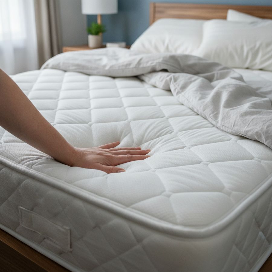 Sagging mattress surface in daylight with a hand pressing into a visible dip in the bed.