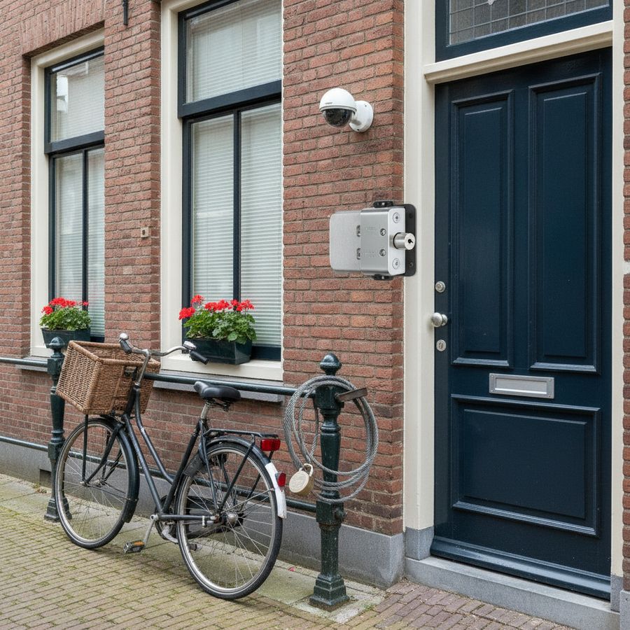 Goed onderhouden woning met camera, verlichting en beveiligde fiets in een rustige straat bij daglicht.