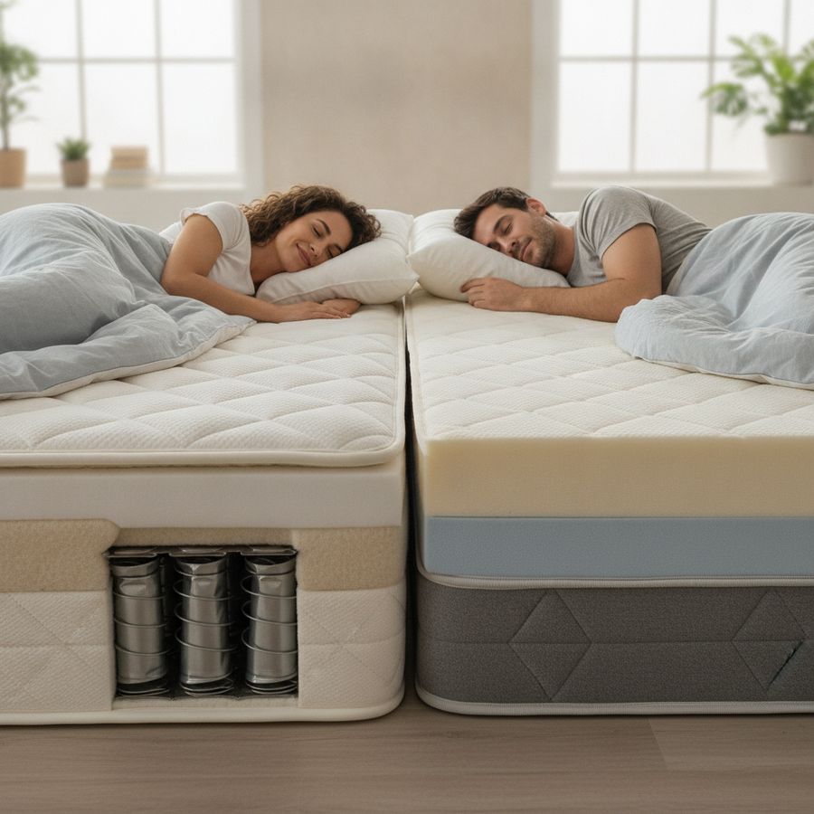 Two mattress cutaways show spring and foam interiors in a clean, bright room.