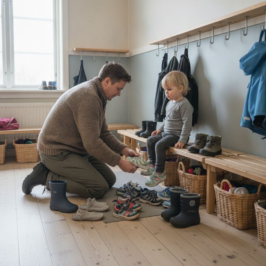 Vanhempi auttaa lasta sovittamaan useita kenkiä valoisassa päiväkodin eteisessä.