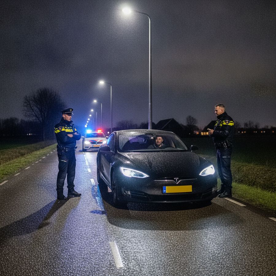 Nachtelijke verkeerscontrole met bestuurder en agenten naast een stilstaande auto.