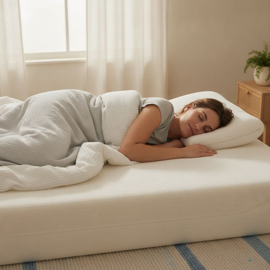 Side sleeper resting comfortably with aligned posture on a softly cushioned mattress in a bright room.