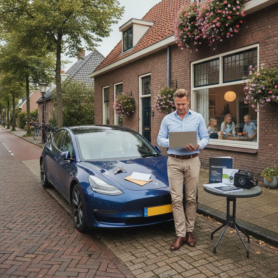 Bestuurder vergelijkt verzekeringsopties naast een geparkeerde auto in een rustige woonstraat.