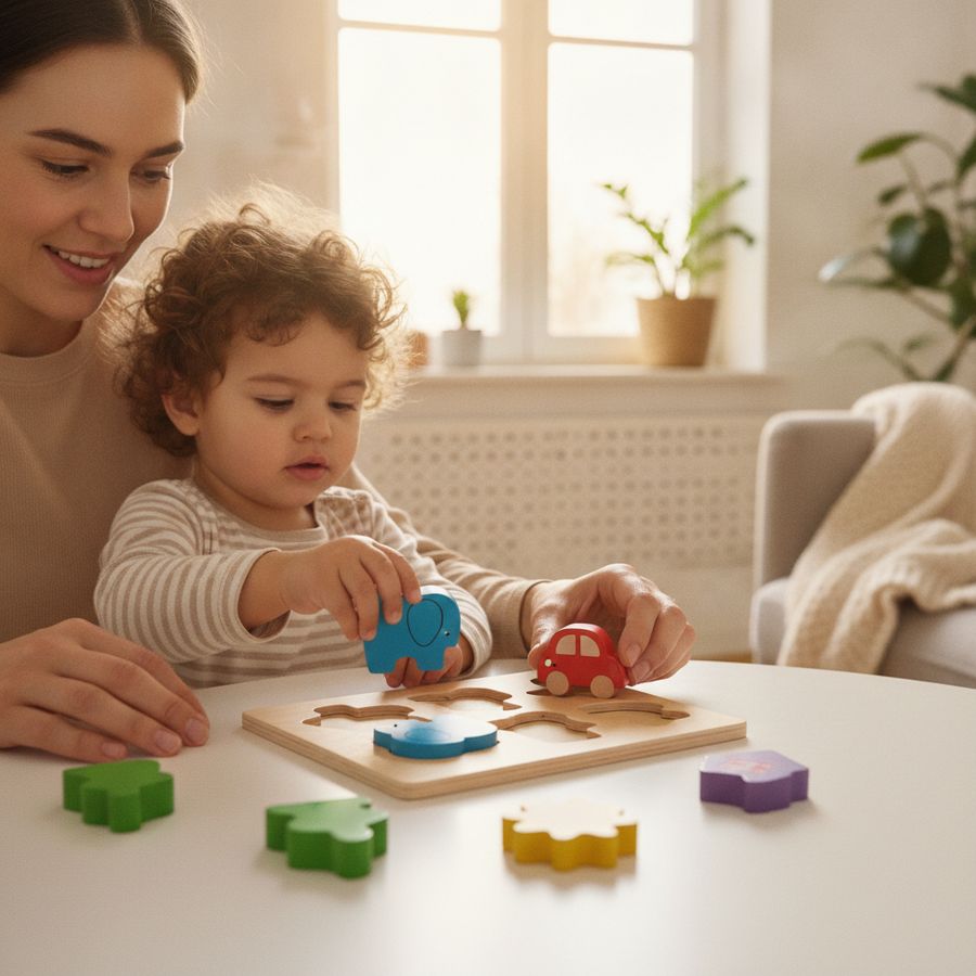 Bambino con un genitore al tavolo mentre afferra pezzi spessi di puzzle in legno in una stanza luminosa.