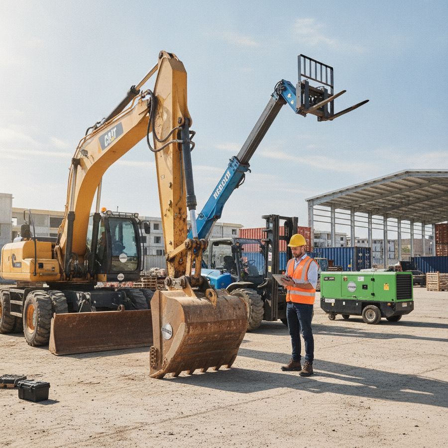 Goed verlichte werf met graafmachine, verreiker, heftruck en een medewerker die machines inspecteert.