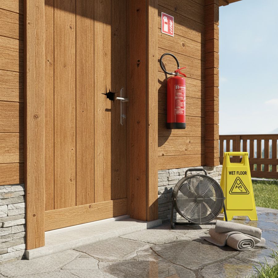 Chalet entrance with damaged lock and water cleanup gear in bright daylight after an incident.