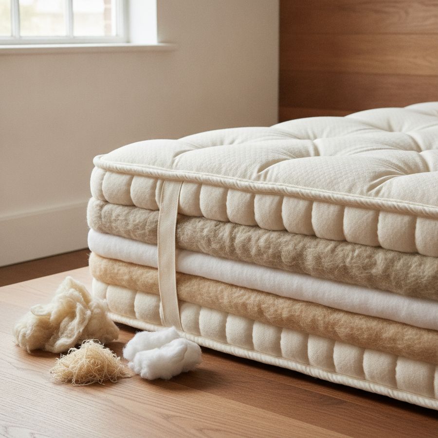Close view of a handcrafted mattress with wool, cotton, and cashmere fibres beside it.