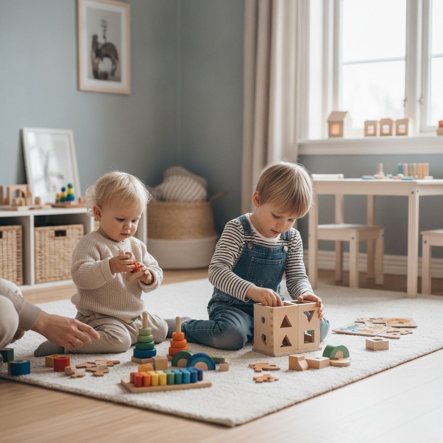 Två små barn leker med klossar, pussel och sorteringsleksaker på en ljus matta i ett hemtrevligt rum.
