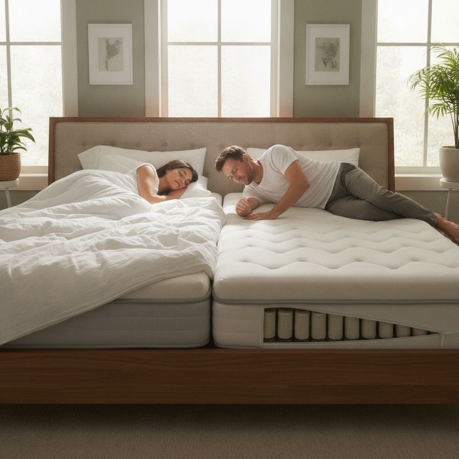 One person sleeps calmly while another moves slightly on a neatly made bed in a softly lit bedroom.