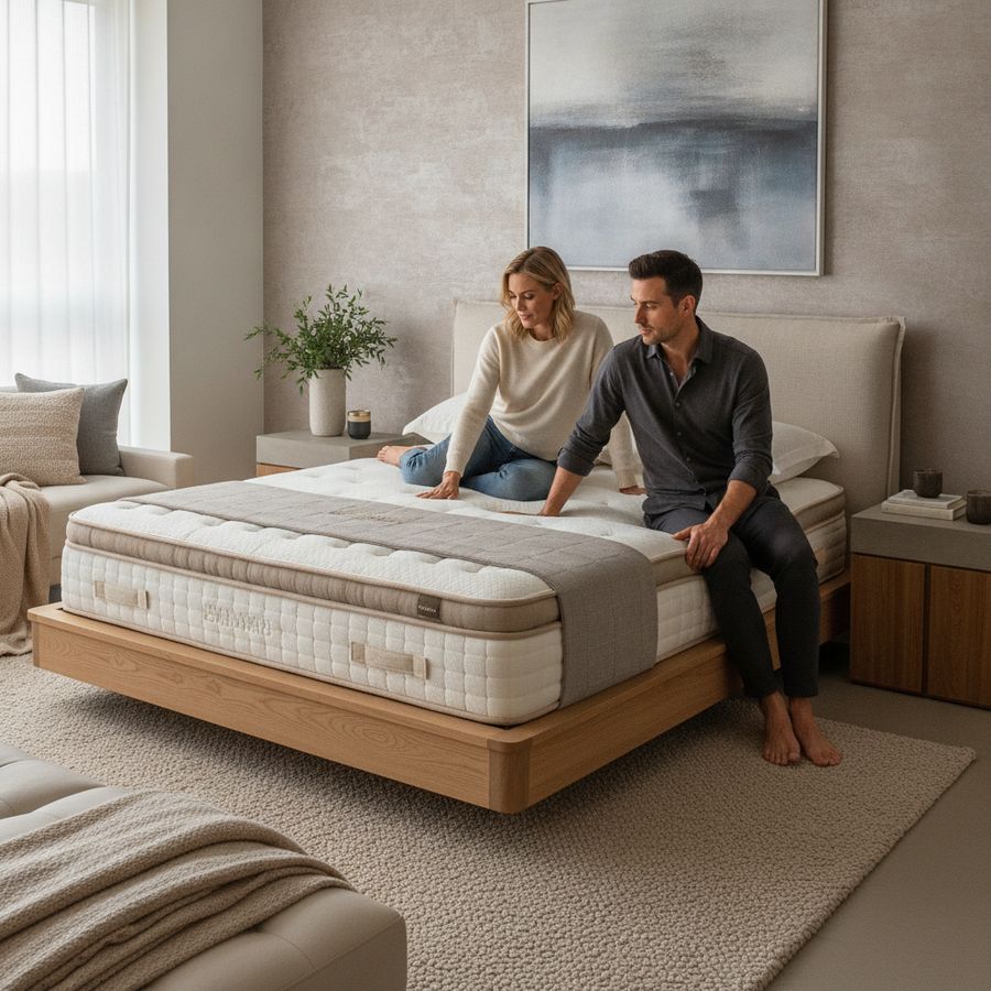 A couple tests a well-lit premium bed in a stylish showroom with soft neutral decor.