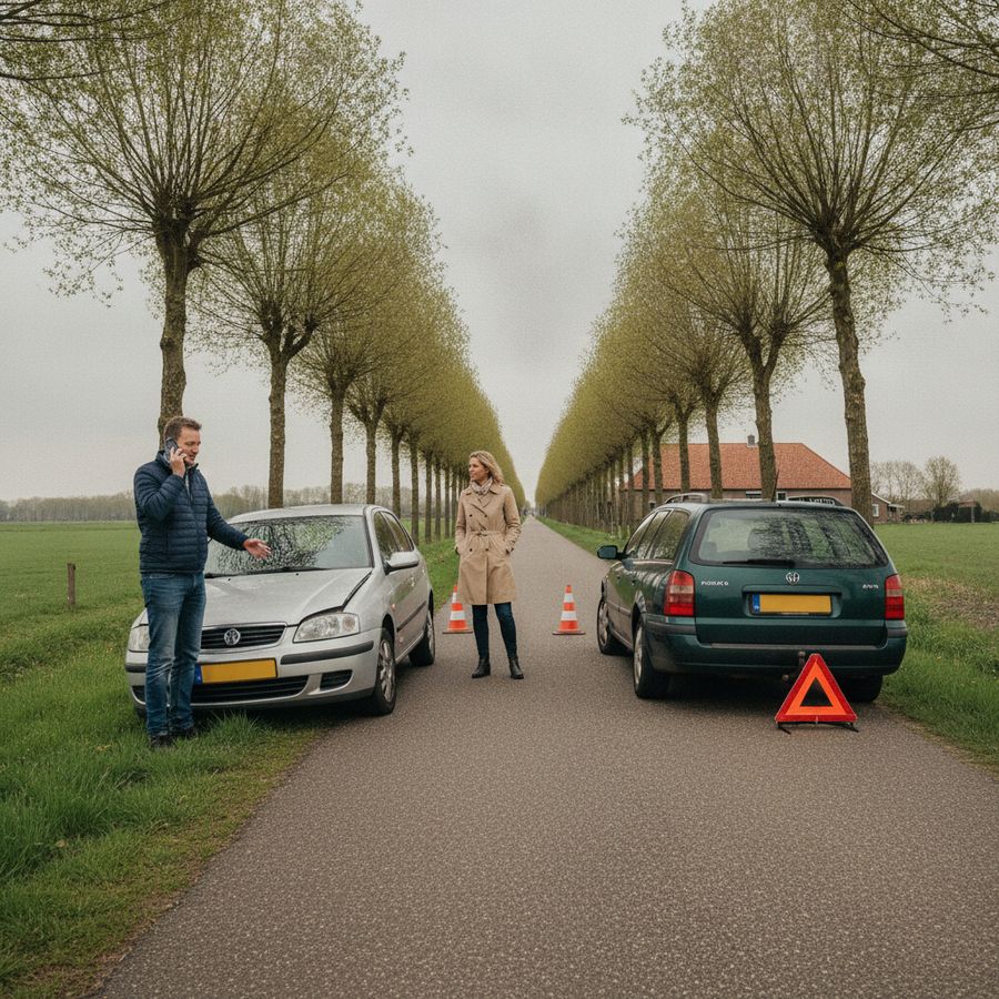 Bestuurder belt naast twee auto’s met lichte schade op een heldere straat bij daglicht.
