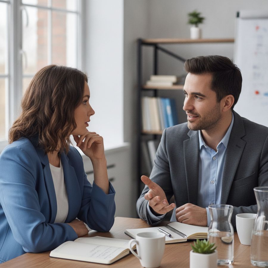 Twee collega’s stemmen een gesprek af met oogcontact en rustige gebaren in een lichte vergaderruimte.