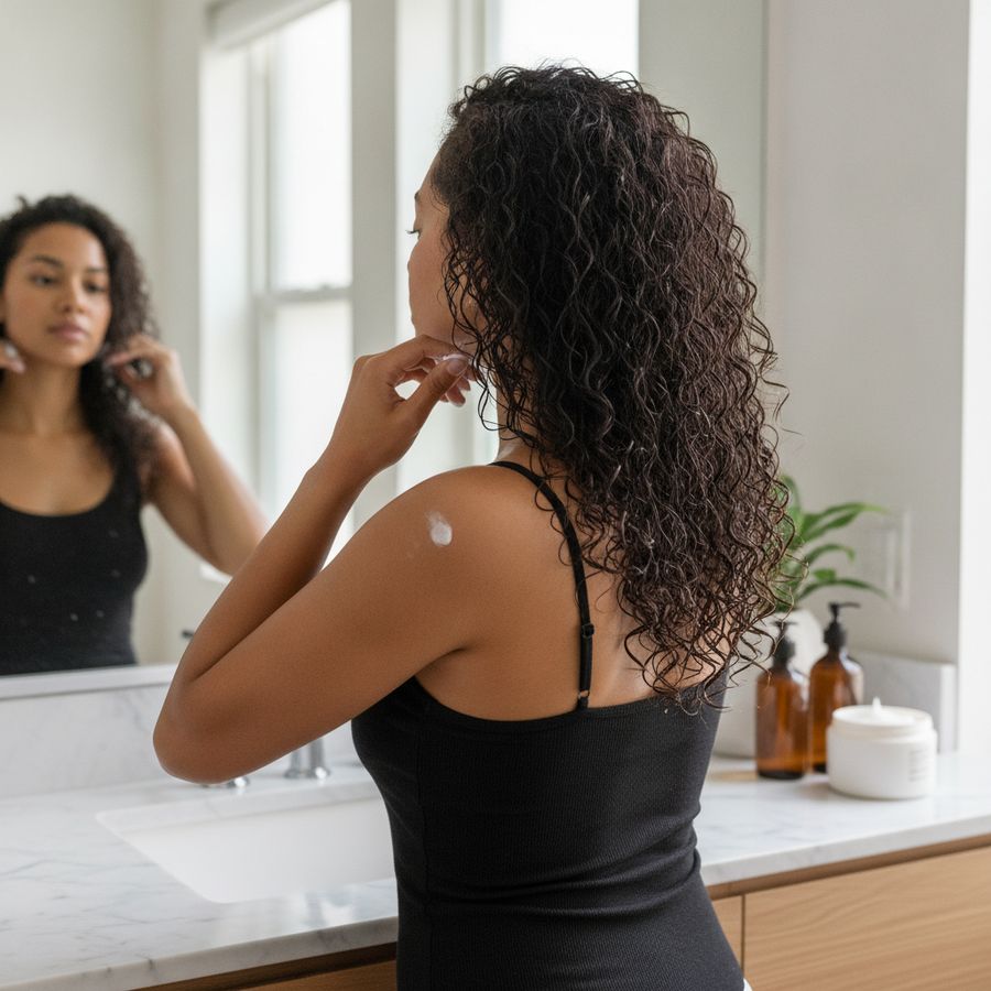 Vrouw brengt product aan op natte krullen in een lichte badkamer met zachte glans.