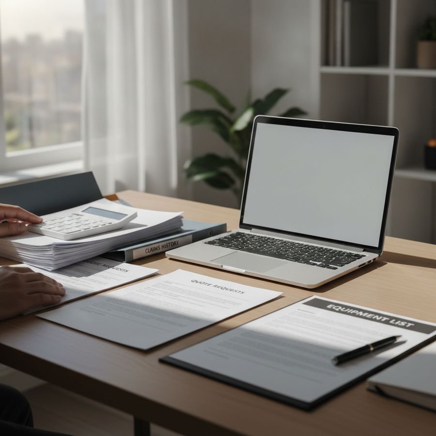 Organized papers, laptop, and calculator on a bright desk as hands sort insurance paperwork.
