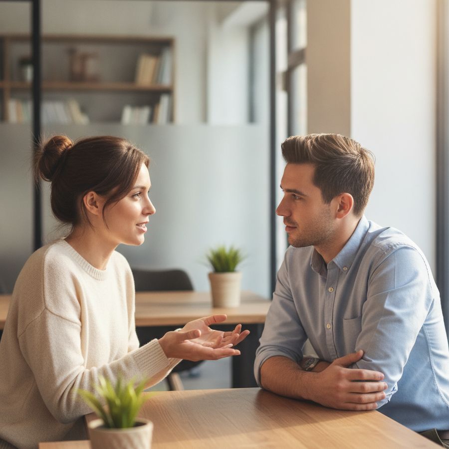 Twee collega's in een helder kantoor maken oogcontact tijdens een aandachtig en rustig gesprek.