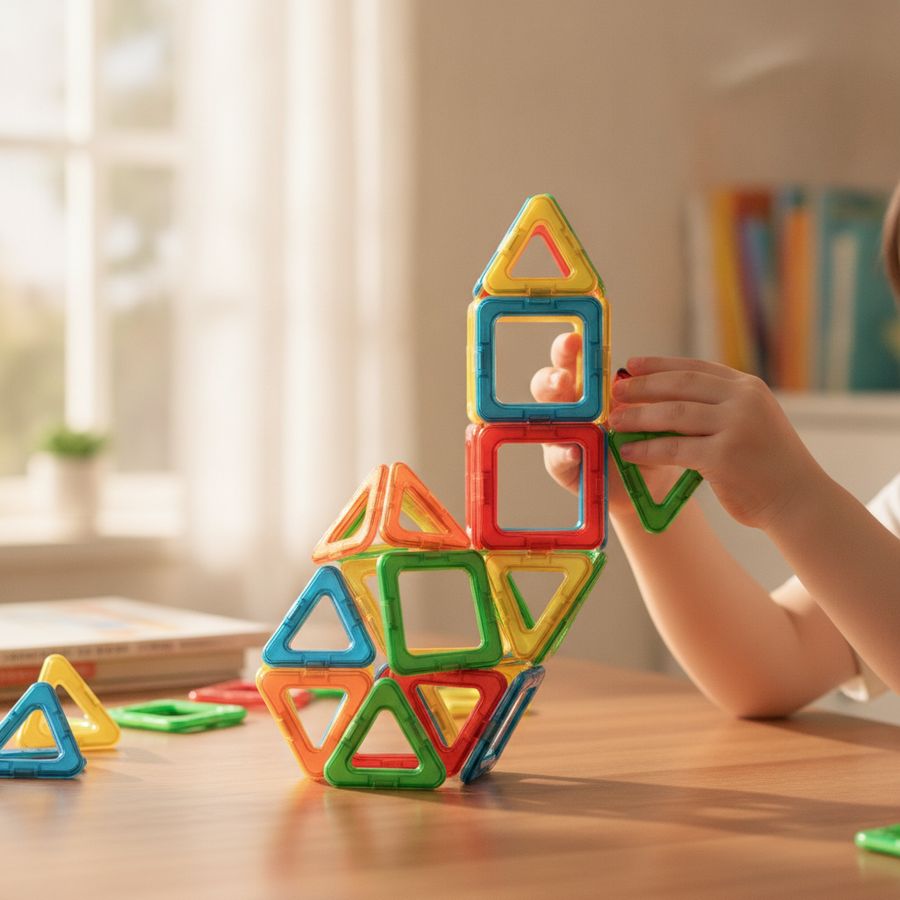 Pienen lapsen kädet kokoavat värikkäitä magneettipalikoita pöydällä valoisassa huoneessa.