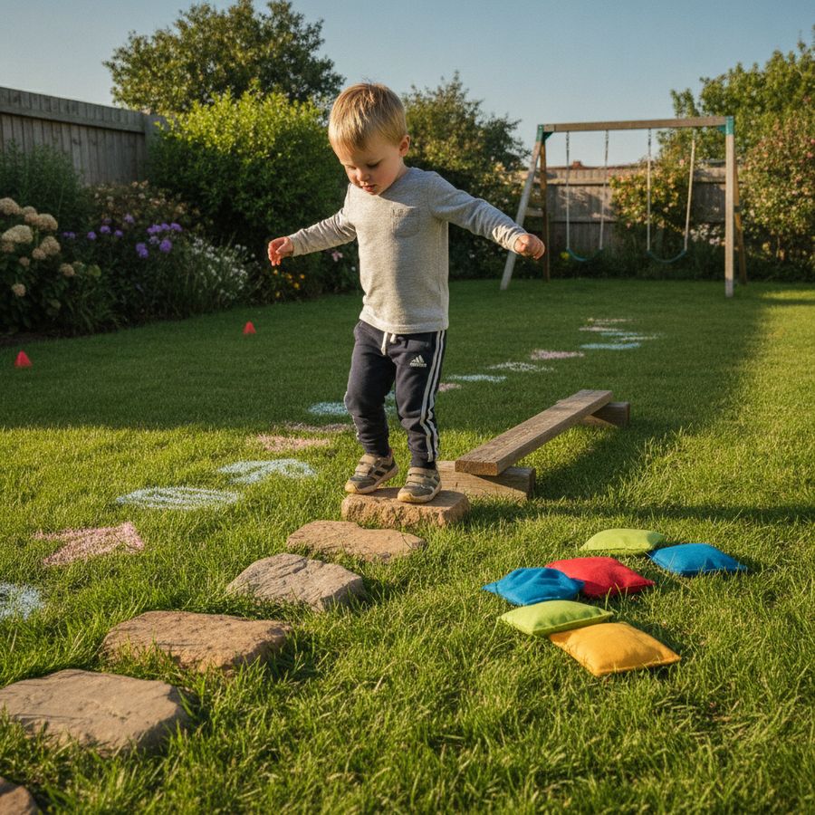 Child moves through stepping stones and a chalk path in a sunny backyard obstacle course.