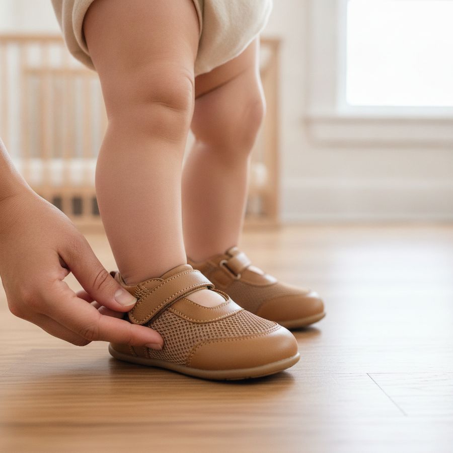 Close-up of a baby standing in roomy first walker shoes as a parent checks toe space.