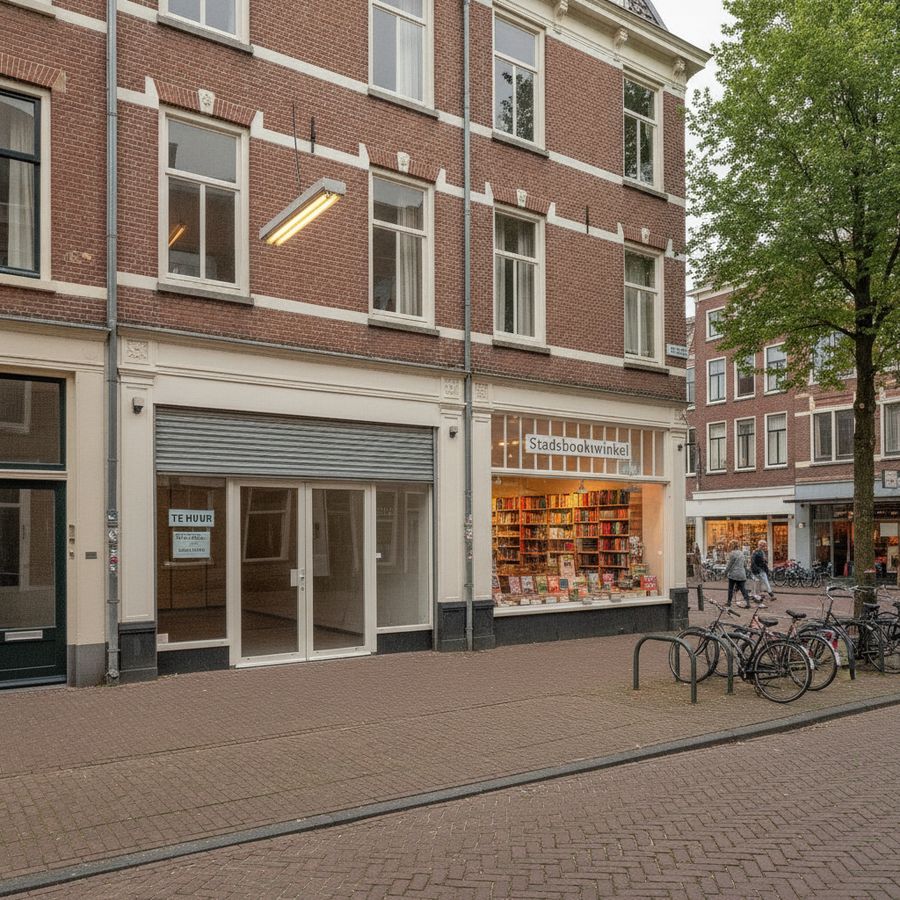 Bedrijfspand met een leegstaand en een verhuurd deel aan een rustige straat overdag.