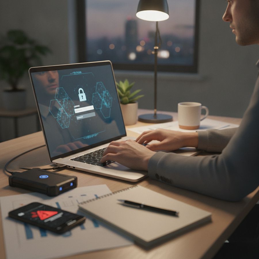 Freelancer at a modern desk checking a laptop beside a phone and hard drive in bright light.