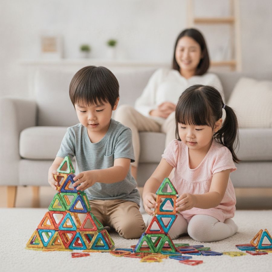 Due bambini costruiscono torri colorate su un tappeto in un soggiorno luminoso mentre un adulto osserva.