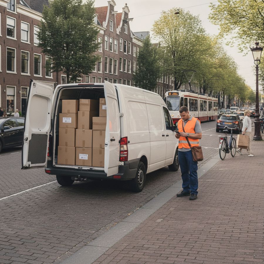 Koerier bij een bestelbus met pakketten controleert een route in een drukke stadsstraat.
