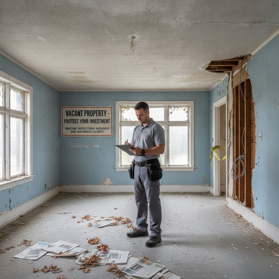 An inspector standing inside an empty, damaged room with peeling walls, debris on the floor, and a "Vacant Property" sign on the wall.