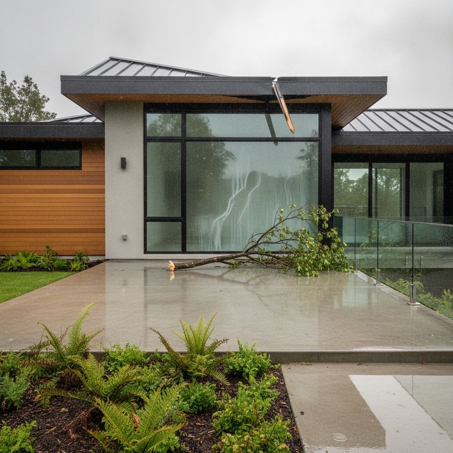 Natte woninggevel na storm met lichte dakschade, vochtsporen bij raam en tak op de grond.
