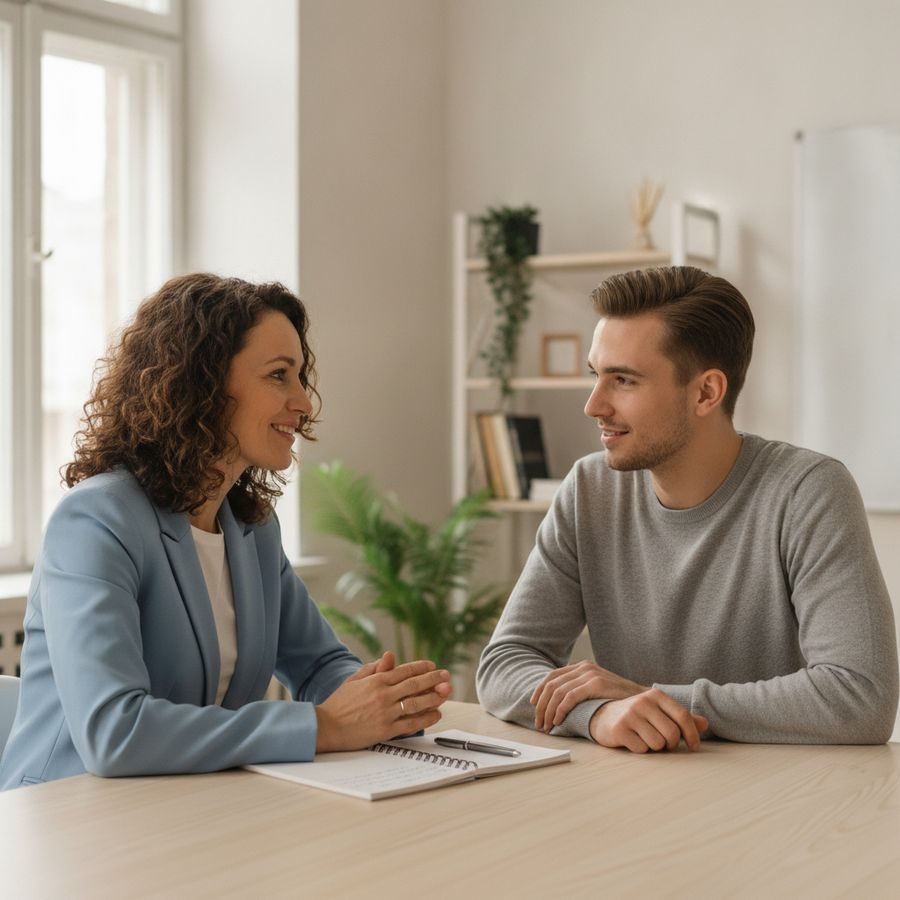 Twee mensen voeren een open gesprek aan tafel in een lichte werkruimte met notitieboek.