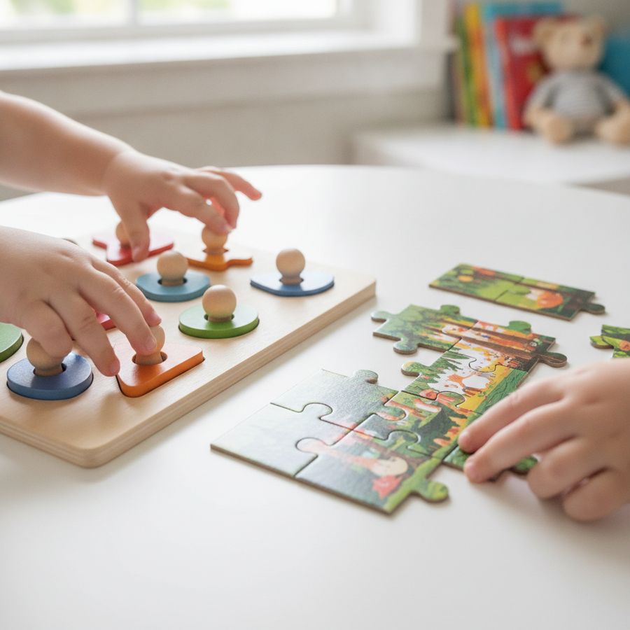 Manine di bambino esplorano pezzi di puzzle in legno e cartone su un tavolo illuminato.