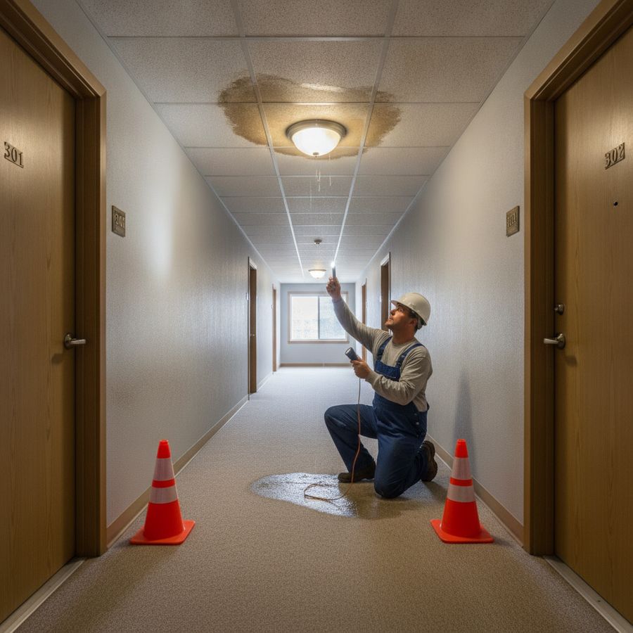 A maintenance worker inspects a hallway leak in a bright shared residential corridor.