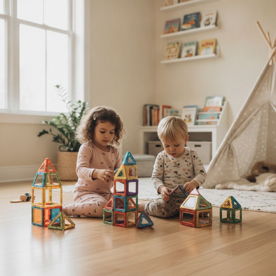 Two children build colorful magnetic structures on a bright playroom floor with a calm family setting.