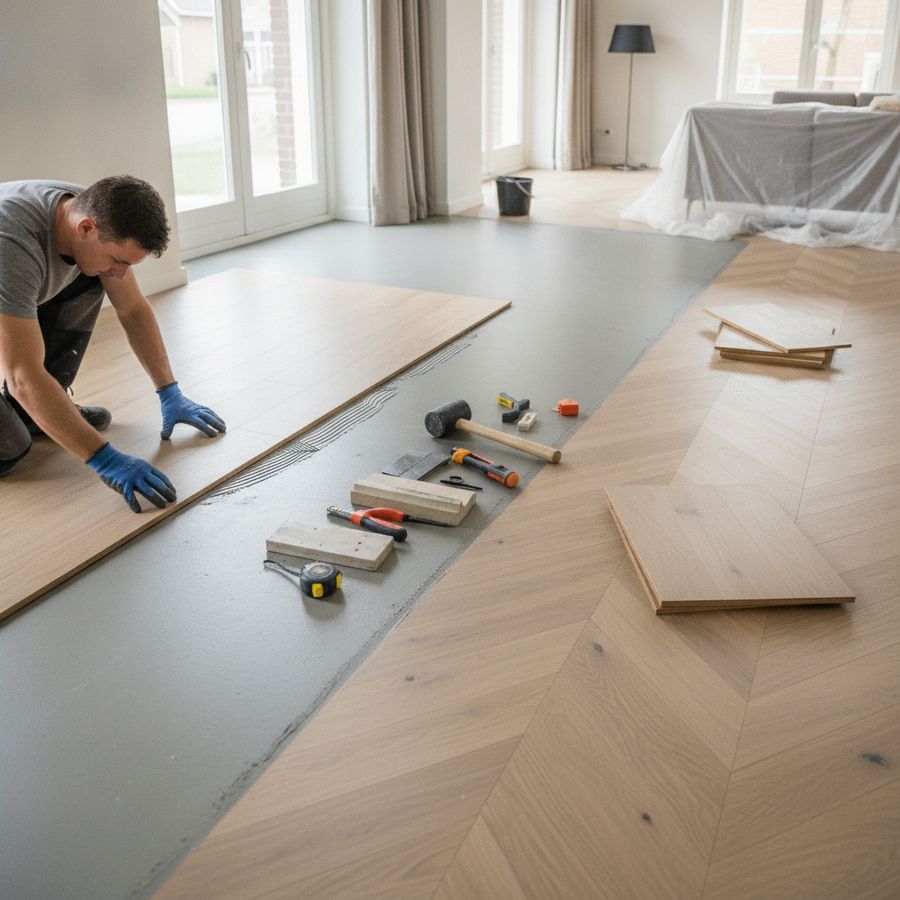 Monteur legt PVC op een gladde ondervloer in een lichte woonkamer met gereedschap ernaast.